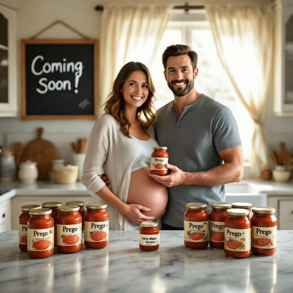 Hilarious Pregnancy Announcement Ideas That'll Make Everyone Laugh and Smile A couple in a sunlit kitchen, the woman with a visible baby bump, stands behind a marble countertop surrounded by jars of Prego sauce. The man holds a jar labeled 'We're Prego!', and the woman cradles a small jar marked 'Little Meatball'. Natural light filters through curtains, illuminating their joyful faces, with a chalkboard in the background reading 'Coming Soon!'.