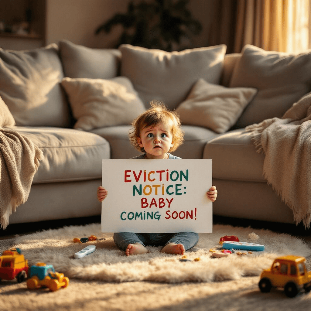 Hilarious Pregnancy Announcement Ideas That'll Make Everyone Laugh and Smile A cozy living room scene featuring oversized, plush sofas and a toddler sitting cross-legged on a fluffy rug. The toddler holds a large white sign that reads 'Eviction Notice: Baby Coming Soon!' in colorful, childlike letters. Toys are scattered around, and a pregnancy test is partially visible behind a throw pillow. Warm, golden hour light creates a nostalgic atmosphere.