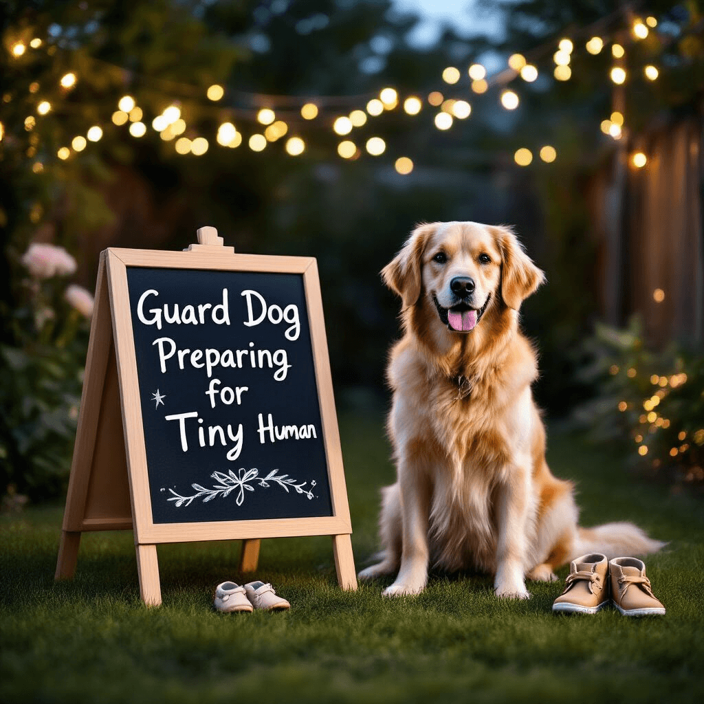 Hilarious Pregnancy Announcement Ideas That'll Make Everyone Laugh and Smile A twilight backyard scene featuring a Golden Retriever beside a chalkboard easel with the sign 'Guard Dog Preparing for Tiny Human.' Nearby are adult shoes next to tiny baby booties, with fairy lights twinkling overhead and soft bokeh lights indicating a celebration.