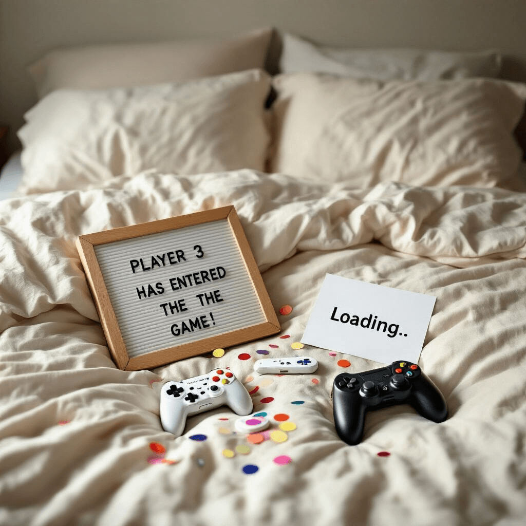Hilarious Pregnancy Announcement Ideas That'll Make Everyone Laugh and Smile An intimate bedroom filled with soft morning light featuring a rumpled bed, a letterboard stating 'Player 3 has entered the game!' propped against pillows, two game controllers and a small controller on the duvet, with a positive pregnancy test surrounded by confetti and a 'Loading...' graphic printout nearby.