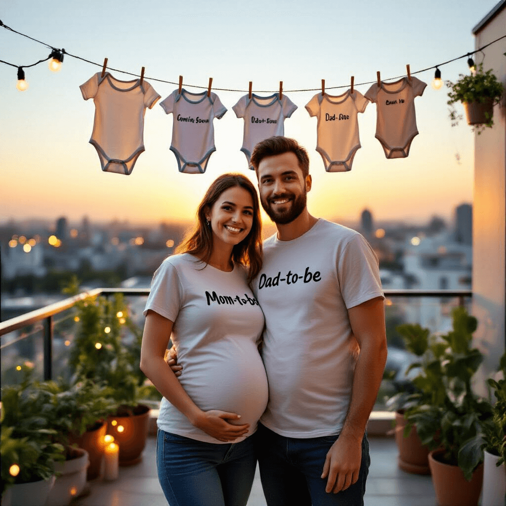 Hilarious Pregnancy Announcement Ideas That'll Make Everyone Laugh and Smile A couple in 'Mom-to-be' and 'Dad-to-be' t-shirts joyfully pose for a selfie on a stylish apartment balcony at sunset, with a clothesline of descending-sized onesies labeled 'Coming Soon' behind them, surrounded by potted plants and string lights, and a warmly glowing cityscape in the background.