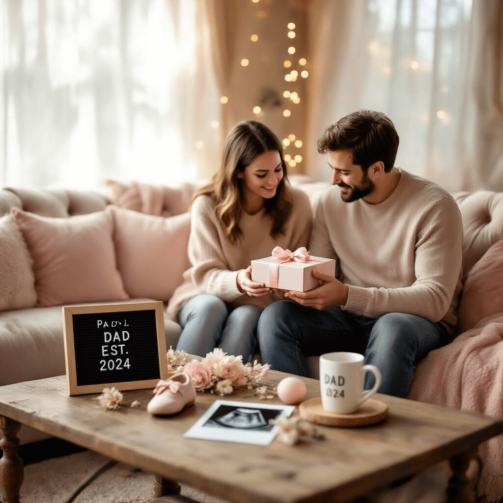 Unforgettable Ways to Announce Your Pregnancy to Your Husband: From Heartwarming to Hilarious A cozy living room filled with soft morning light, featuring a couple on a plush velvet sofa. The woman hands her partner a gift box with tiny baby shoes. Nearby, a wooden coffee table displays pregnancy announcement props including a letter board and an ultrasound photo. Twinkling fairy lights add to the intimate atmosphere.