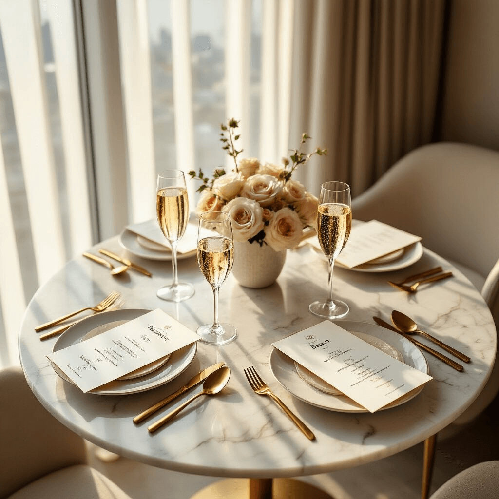 Unforgettable Ways to Announce Your Pregnancy to Your Husband: From Heartwarming to Hilarious An overhead shot of an intimate dining nook in a modern apartment, bathed in golden hour sunlight. A round marble table is elegantly set for two, featuring gold cutlery, delicate floral centerpieces in cream and blush tones, and custom menu cards that reveal pregnancy news. Champagne flutes filled with sparkling cider complete the festive atmosphere, while sheer drapery frames a city view in the background.