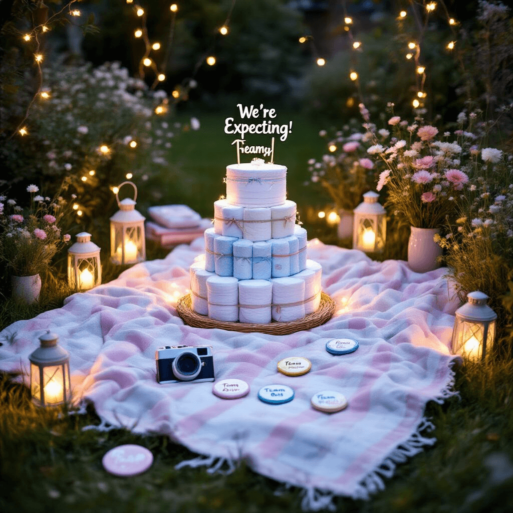 Unforgettable Ways to Announce Your Pregnancy to Your Husband: From Heartwarming to Hilarious A whimsical backyard scene at twilight featuring twinkling fairy lights, a pastel picnic blanket on lush grass, a diaper cake with a 'We're Expecting!' topper, wildflowers, lanterns, personalized party favors, and a vintage Polaroid camera, all captured in a dreamy low angle shot.