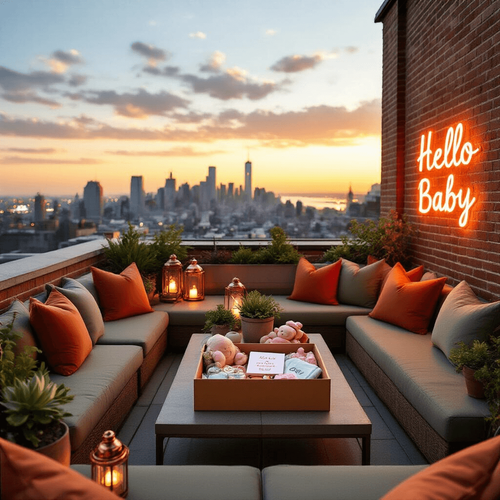 Unforgettable Ways to Announce Your Pregnancy to Your Husband: From Heartwarming to Hilarious A stylish rooftop terrace at sunset features lounge seating with terracotta and sage cushions, a central low table displaying a pregnancy announcement box, copper lanterns, potted succulents, and a glowing 'Hello Baby' neon sign against an exposed brick wall, all overlooking a panoramic city skyline.