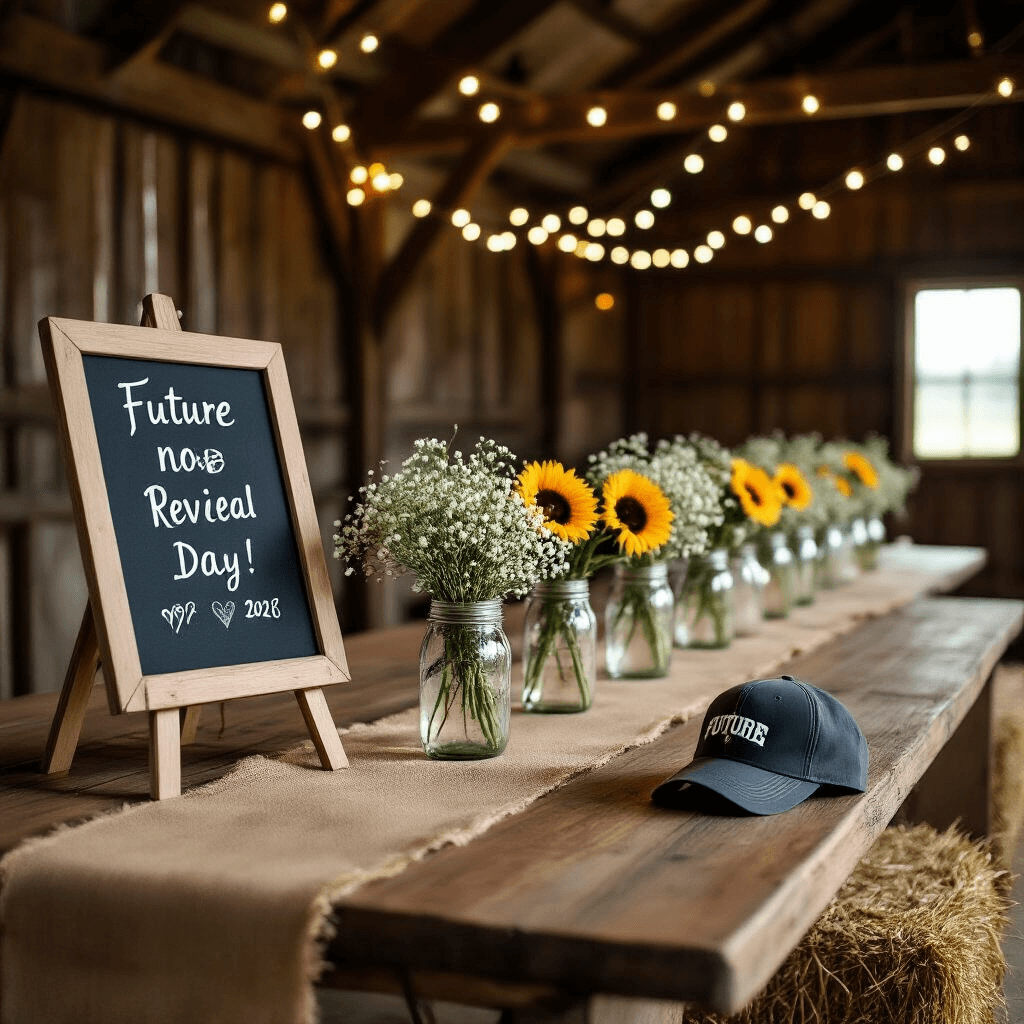 Unforgettable Ways to Announce Your Pregnancy to Your Husband: From Heartwarming to Hilarious A charming barn interior decorated for a pregnancy reveal, featuring wooden tables with burlap runners, mason jars of baby's breath, vintage milk bottles with sunflowers, and a chalkboard announcement. Soft string lights illuminate the space, and a 'future dad' baseball cap sits on a hay bale.