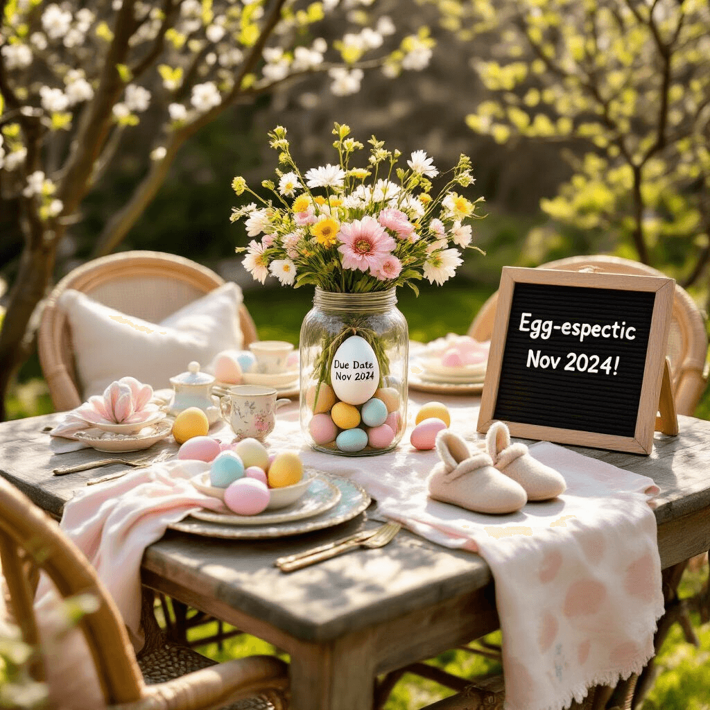 🐣 Easter Pregnancy Announcement: Cracking Open Your Exciting News! 🐰 A sunlit garden brunch scene featuring a rustic wooden table with pastel linens, fresh flowers, and delicate china. A glass jar holds decorated eggs, with one egg marked 'Due Date: Nov 2024'. Wicker chairs with cushions surround the table, and a letterboard reads 'Egg-specting!'. Golden hour light filters through trees, while a pair of tiny bunny slippers rests beside a mother's feet.