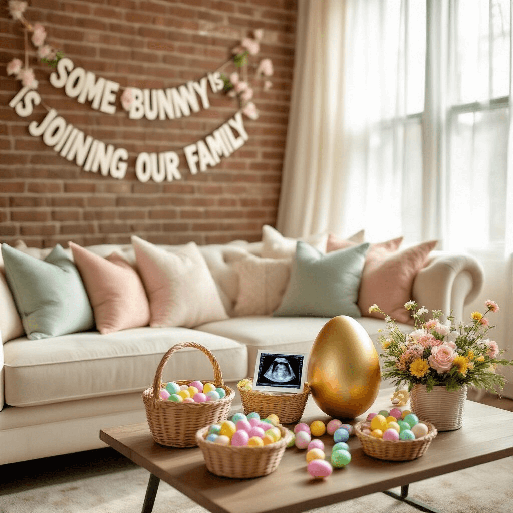 🐣 Easter Pregnancy Announcement: Cracking Open Your Exciting News! 🐰 Cozy living room featuring a cream couch with blush and sage pillows, an elaborate egg hunt setup on the coffee table, including colorful eggs, baskets, spring florals, and an oversized golden egg with an ultrasound photo inside, all bathed in soft morning light with sheer curtains and a 'Some Bunny is Joining Our Family' banner on the exposed brick wall.
