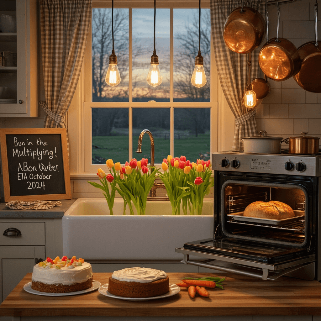 🐣 Easter Pregnancy Announcement: Cracking Open Your Exciting News! 🐰 A charming country kitchen at twilight, featuring an illuminated farmhouse sink with spring tulips, an open oven showcasing a freshly baked bun, and a chalkboard with 'Bun in the Oven: ETA October 2024'. Copper pots hang overhead, while gingham curtains frame the window. On the butcher block island, a carrot cake with cream cheese frosting is accompanied by a 'We're Multiplying!' sign.