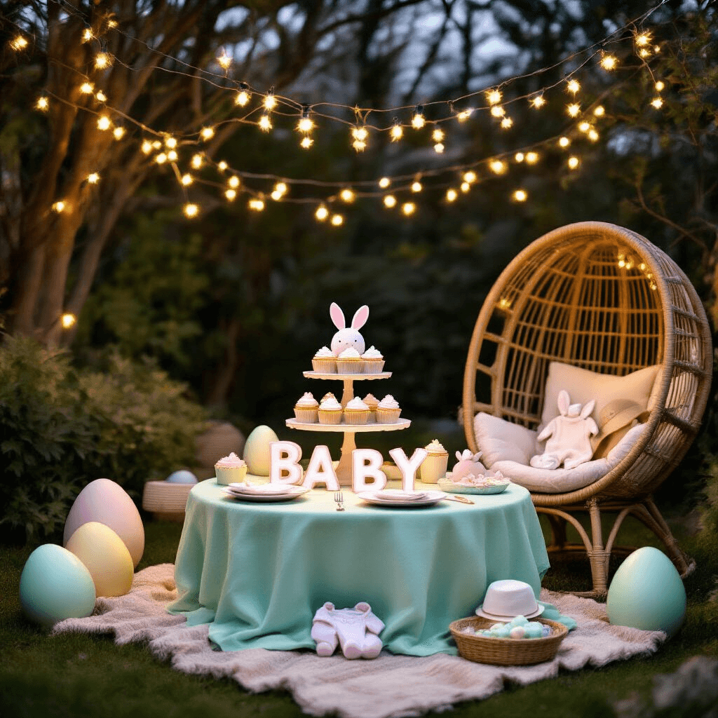 🐣 Easter Pregnancy Announcement: Cracking Open Your Exciting News! 🐰 A whimsical backyard scene at dusk featuring fairy lights overhead, a mint green picnic table set for two with a bunny-eared onesie and a cake stand of pastel cupcakes spelling 'Baby', surrounded by oversized Easter eggs filled with baby items, and a rattan egg chair holding a sun hat and pregnancy book.
