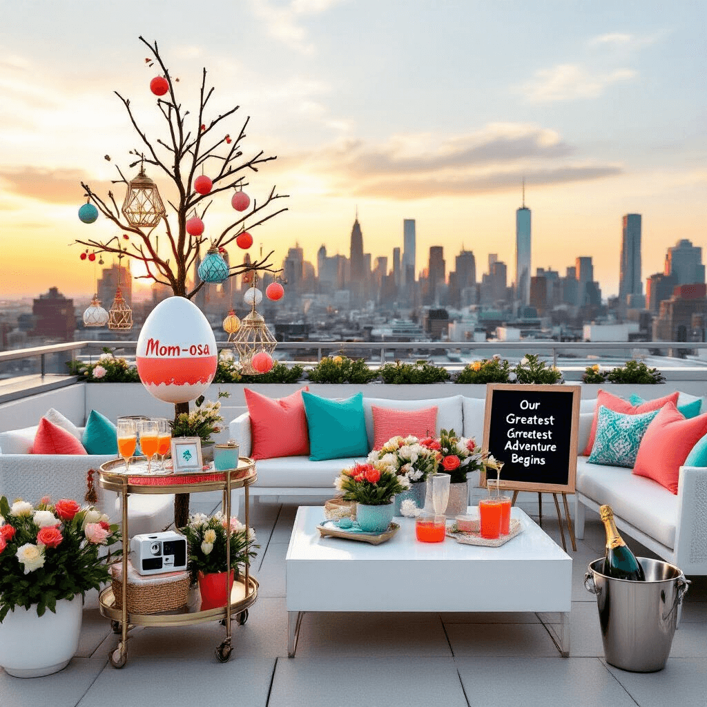 🐣 Easter Pregnancy Announcement: Cracking Open Your Exciting News! 🐰 A modern rooftop terrace at sunset featuring sleek white furniture with coral and teal accents, a stylish bar cart with cocktails, an Easter egg tree for an announcement, potted spring flowers, geometric lanterns, a letterboard saying 'Our Greatest Adventure Begins', a vintage Polaroid camera, and a champagne bucket.