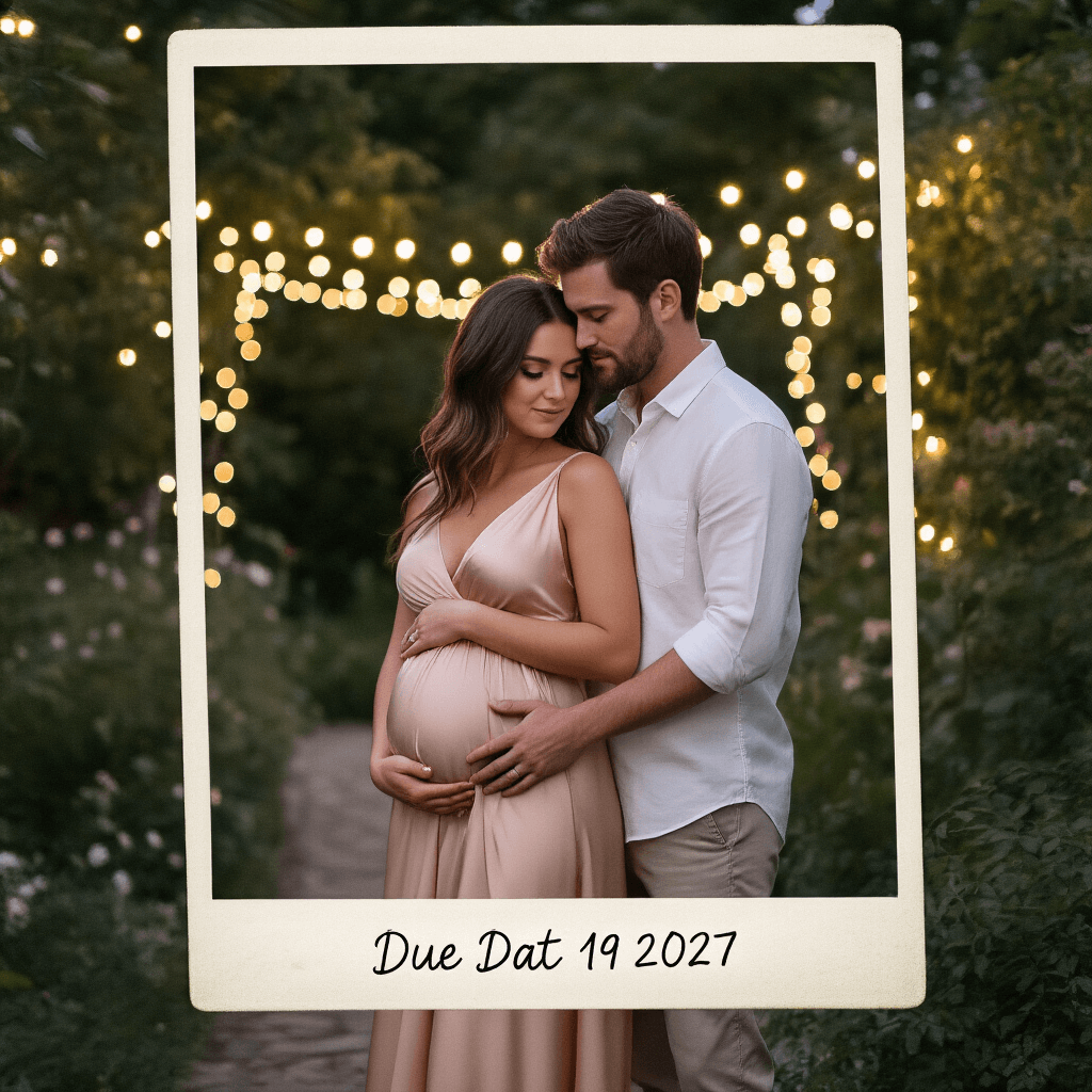 Classy Pregnancy Announcement: Crafting a Timeless Reveal An intimate outdoor portrait at twilight of a couple embracing in a lush garden, surrounded by twinkling fairy lights. The woman, in a flowing blush silk maxi dress, rests her hands on her barely-visible bump, while the man in a crisp white shirt and khakis holds her gently. Soft bokeh effects enhance the dreamy atmosphere, with a vintage Polaroid-style frame and the due date handwritten below.