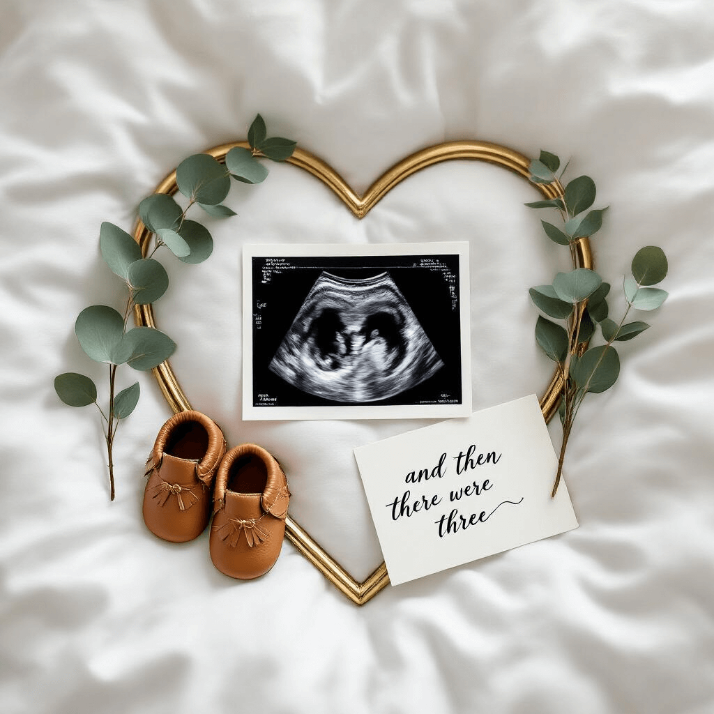 Classy Pregnancy Announcement: Crafting a Timeless Reveal A flat lay on a white duvet featuring a black and white ultrasound image in a gold heart-shaped frame, tiny leather moccasins, a sprig of eucalyptus, and a calligraphy card that says 'And then there were three,' all illuminated by soft natural light.