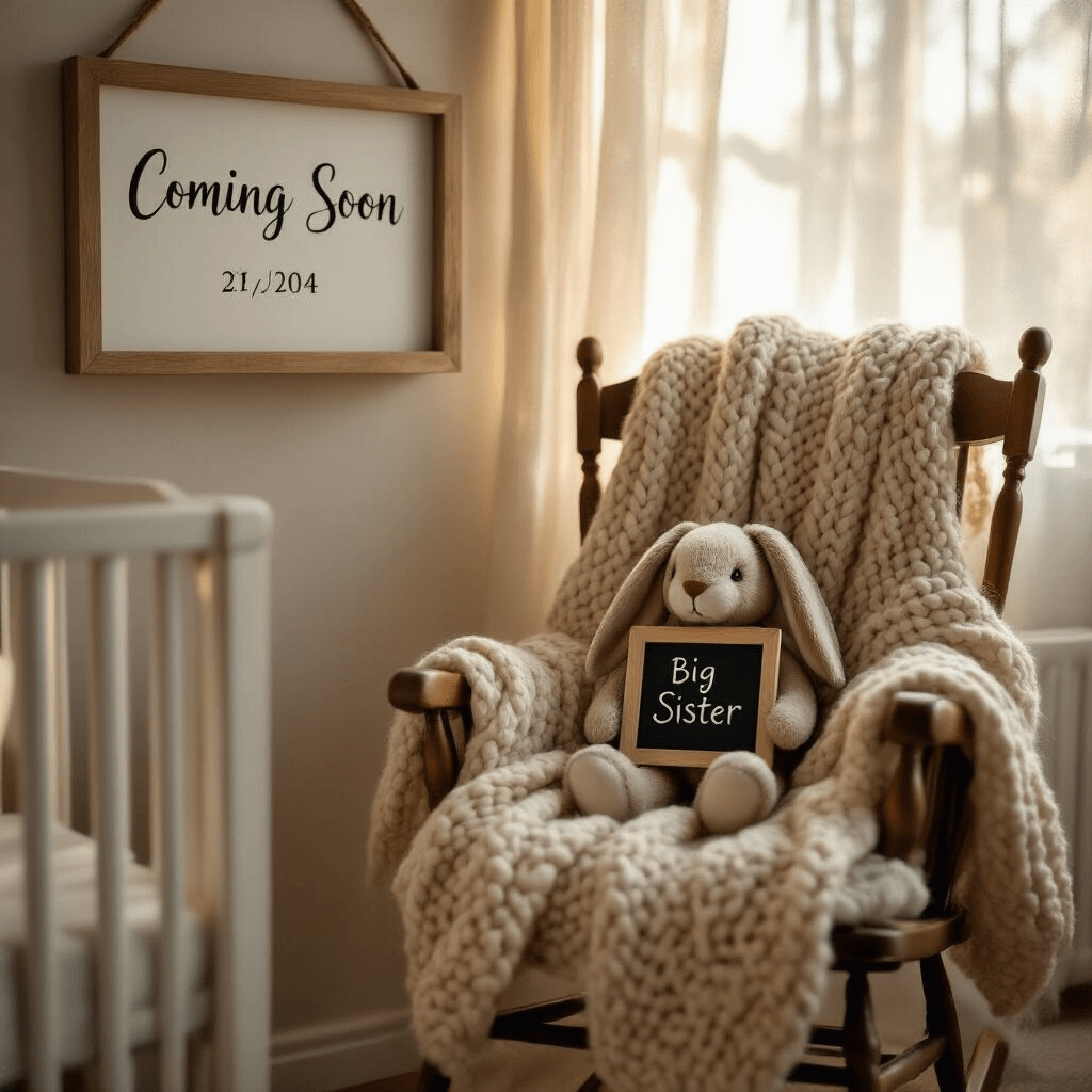 Classy Pregnancy Announcement: Crafting a Timeless Reveal A cozy nursery corner at dawn with soft morning light, featuring a vintage rocking chair with a chunky knit blanket, a floating shelf displaying a 'Coming Soon' picture frame, and a stuffed bunny holding a 'Big Sister' chalkboard.