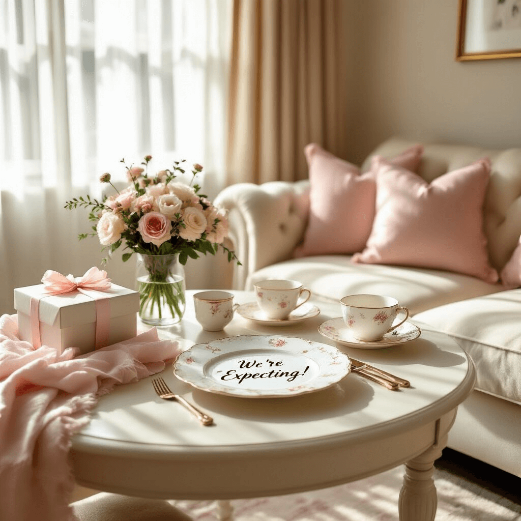How to Announce Your Pregnancy to Your Husband: 15 Heartwarming & Creative Ideas A cozy living room with soft morning light illuminating a beautifully styled breakfast table for two, featuring delicate china, fresh flowers, and a custom plate reading 'We're Expecting!', all set against a plush cream sofa with blush pink throw pillows, alongside a gift-wrapped box, conveying a sense of anticipation.