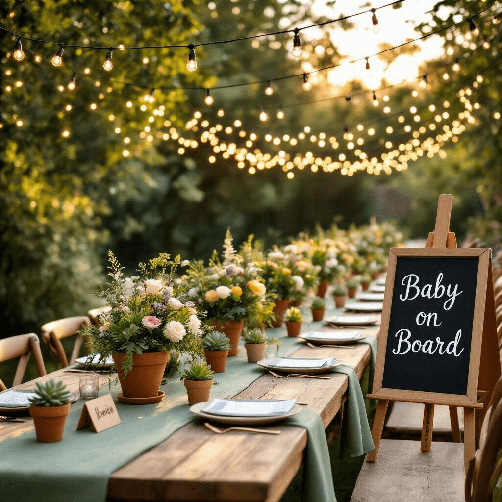 How to Announce Your Pregnancy to Your Husband: 15 Heartwarming & Creative Ideas An enchanting outdoor garden party at golden hour, featuring long wooden tables with sage green linen, lush floral centerpieces in terracotta pots, personalized wooden name cards, and tiny potted succulents as favors, all under decorative fairy lights and a chalkboard easel announcing 'Baby on Board'.
