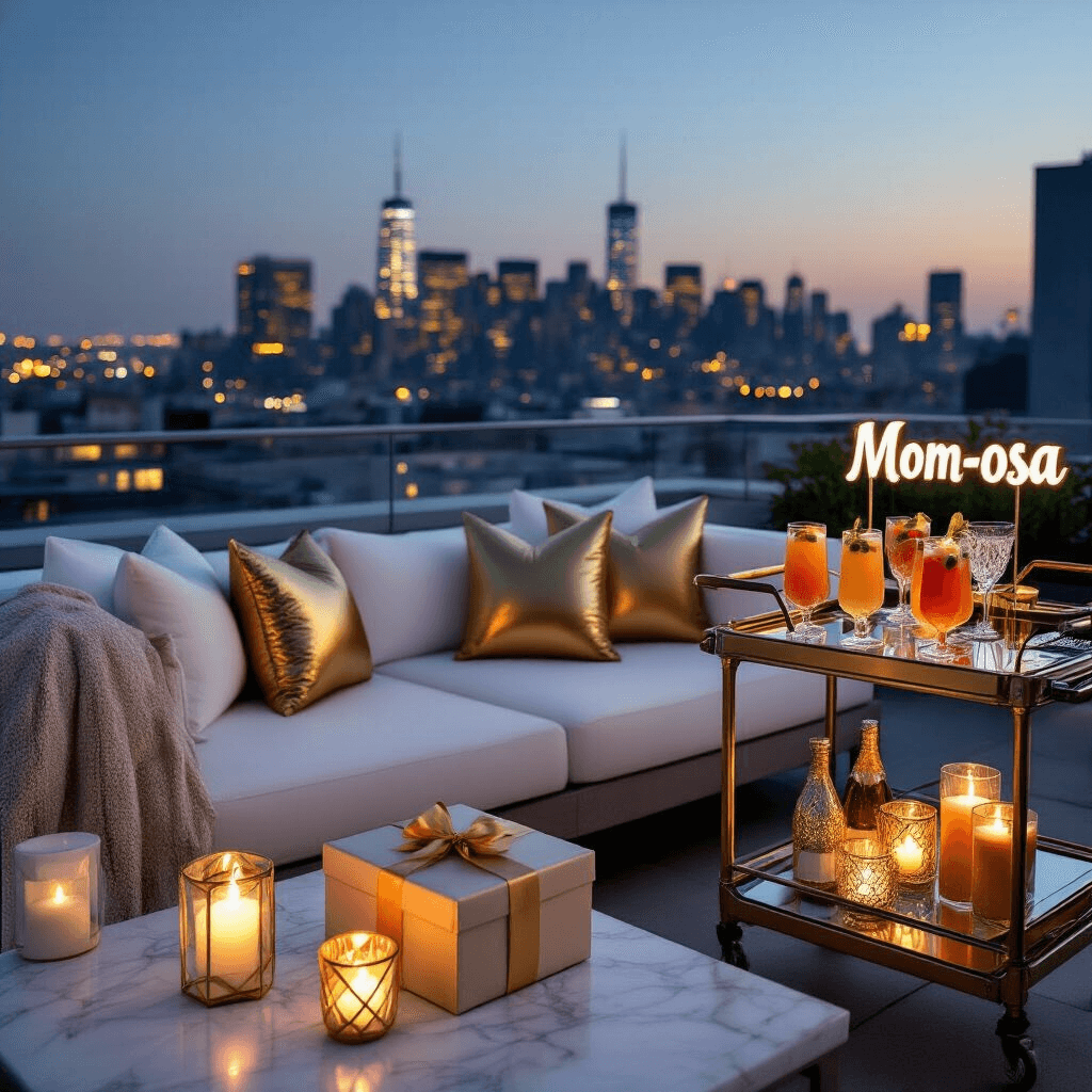 How to Announce Your Pregnancy to Your Husband: 15 Heartwarming & Creative Ideas A modern rooftop terrace at twilight featuring sleek white lounge furniture with metallic gold accents, a stylish bar cart with mocktails and a 'Mom-osa' sign, floating candles casting a romantic glow, and a wrapped gift box on a marble side table, all with a city skyline in the background.