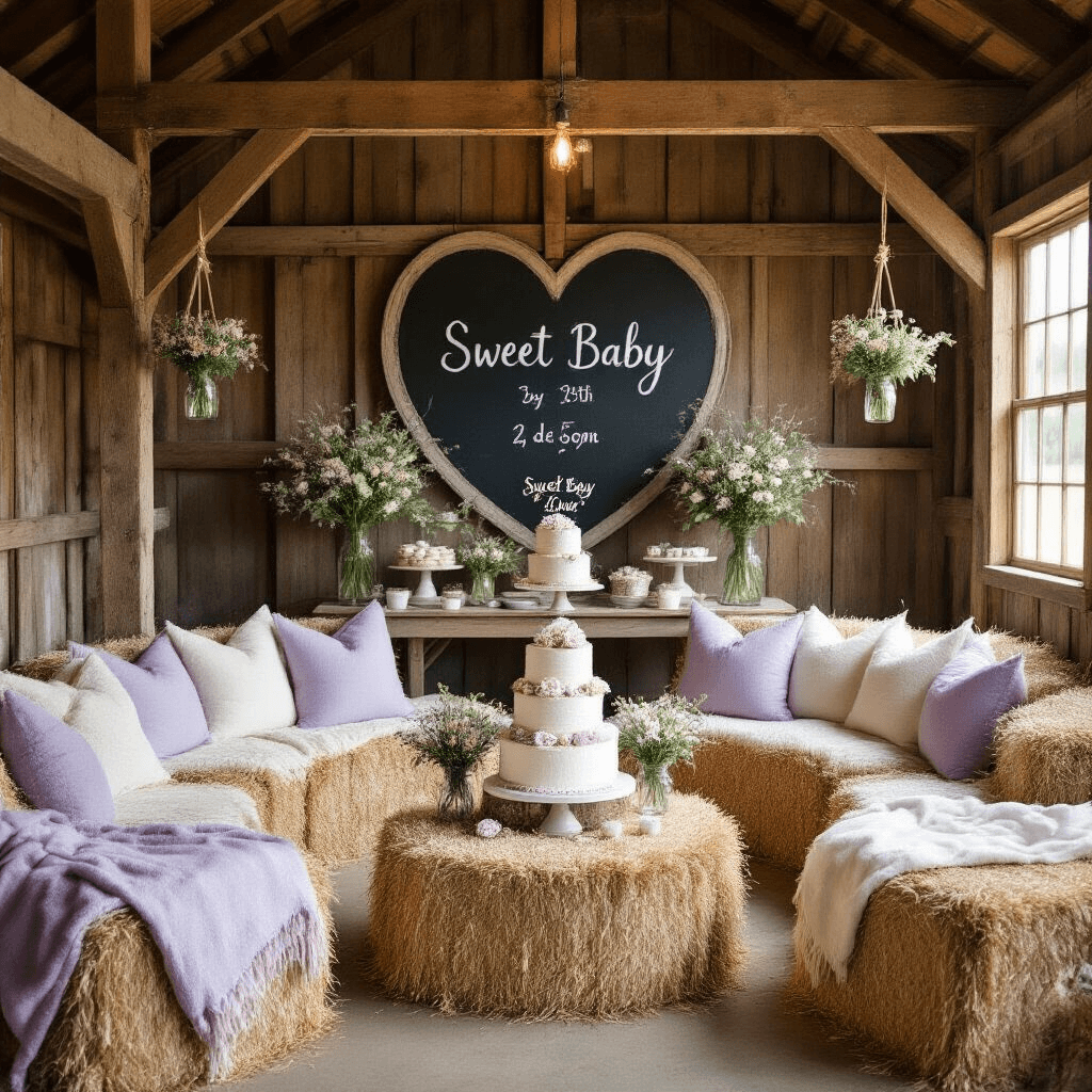 How to Announce Your Pregnancy to Your Husband: 15 Heartwarming & Creative Ideas A cozy rustic barn interior set for a reveal party, featuring hay bale seating with blankets and pillows, a tiered cake with sugar flowers, hanging mason jars of wildflowers, and a chalkboard heart displaying the due date.