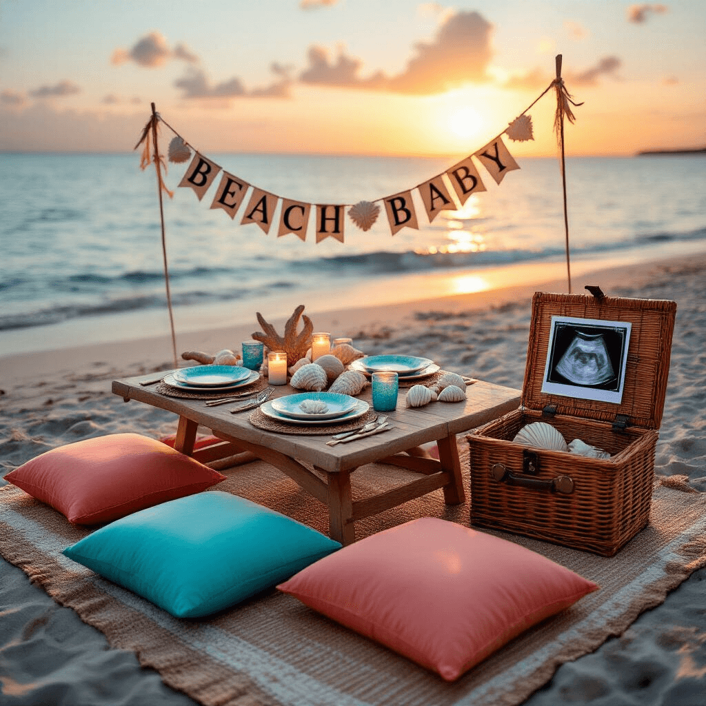 How to Announce Your Pregnancy to Your Husband: 15 Heartwarming & Creative Ideas An intimate beachfront picnic setup at sunset, featuring a low table on a woven rug with plush coral and turquoise cushions, seashell plates, driftwood centerpieces, and tealight candles, along with a 'Beach Baby' banner and a wicker picnic basket containing an ultrasound photo, all bathed in golden light.