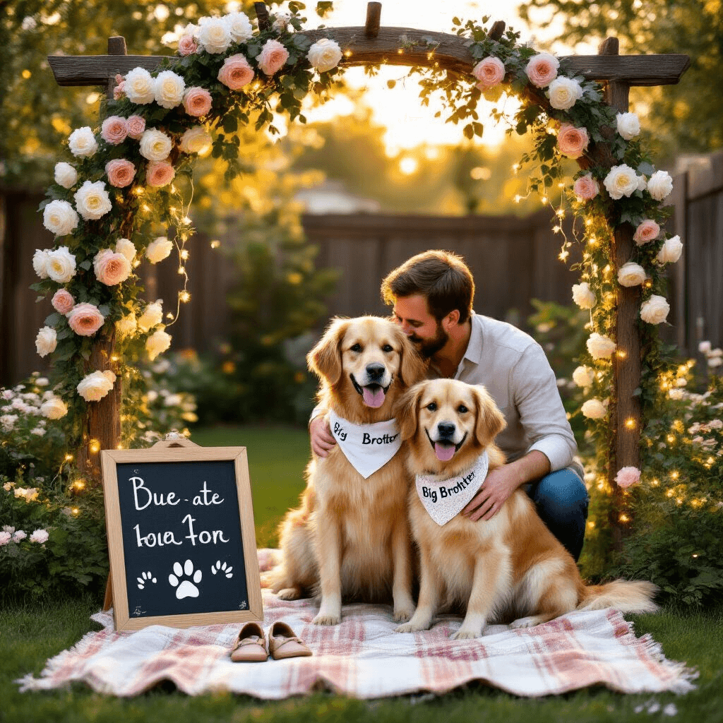 Pregnancy Announcement with Your Dog: Adorable Ideas to Share Your Big News A sunlit backyard garden features a rustic wooden arch with white and blush roses, framing a couple embracing their golden retriever wearing a 'Big Brother' bandana. A chalkboard sign announces the due date while fairy lights illuminate the scene. In the foreground, a picnic blanket displays tiny baby shoes next to the dog's paw print.