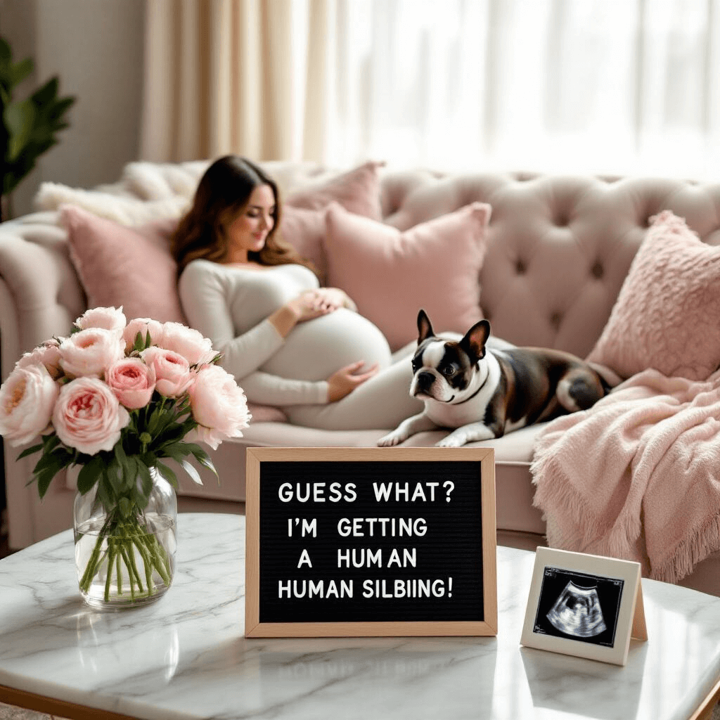 Pregnancy Announcement with Your Dog: Adorable Ideas to Share Your Big News A pregnant woman relaxes on a plush velvet sofa with a Boston terrier beside her, surrounded by soft morning light. A letterboard on the marble coffee table announces 'Guess what? I'm getting a human sibling!' and a vase of fresh peonies adds to the cozy atmosphere, complemented by blush pink and cream throw pillows and billowing sheer curtains.