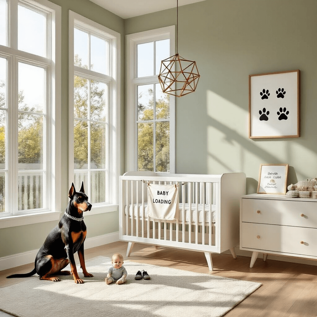 Pregnancy Announcement with Your Dog: Adorable Ideas to Share Your Big News A bright, modern nursery featuring a white crib with a 'Baby Loading' banner, accompanied by a stylish Doberman in a matching shirt. The pale sage walls and warm wood floors create a cozy atmosphere, enhanced by natural light from large windows. A geometric mobile hangs overhead, while a nearby dresser displays framed paw prints and baby's first shoes.