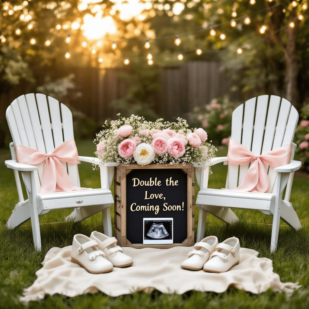 Announcing Twins: The Ultimate Creative Guide A sunlit backyard garden set for an elegant twin pregnancy announcement, featuring two white Adirondack chairs with blush pink ribbons, a rustic wooden crate filled with flowers, a vintage letterboard reading 'Double the Love, Coming Soon!', fairy lights overhead, and two pairs of tiny white baby shoes alongside an ultrasound photo on a cream linen cloth.