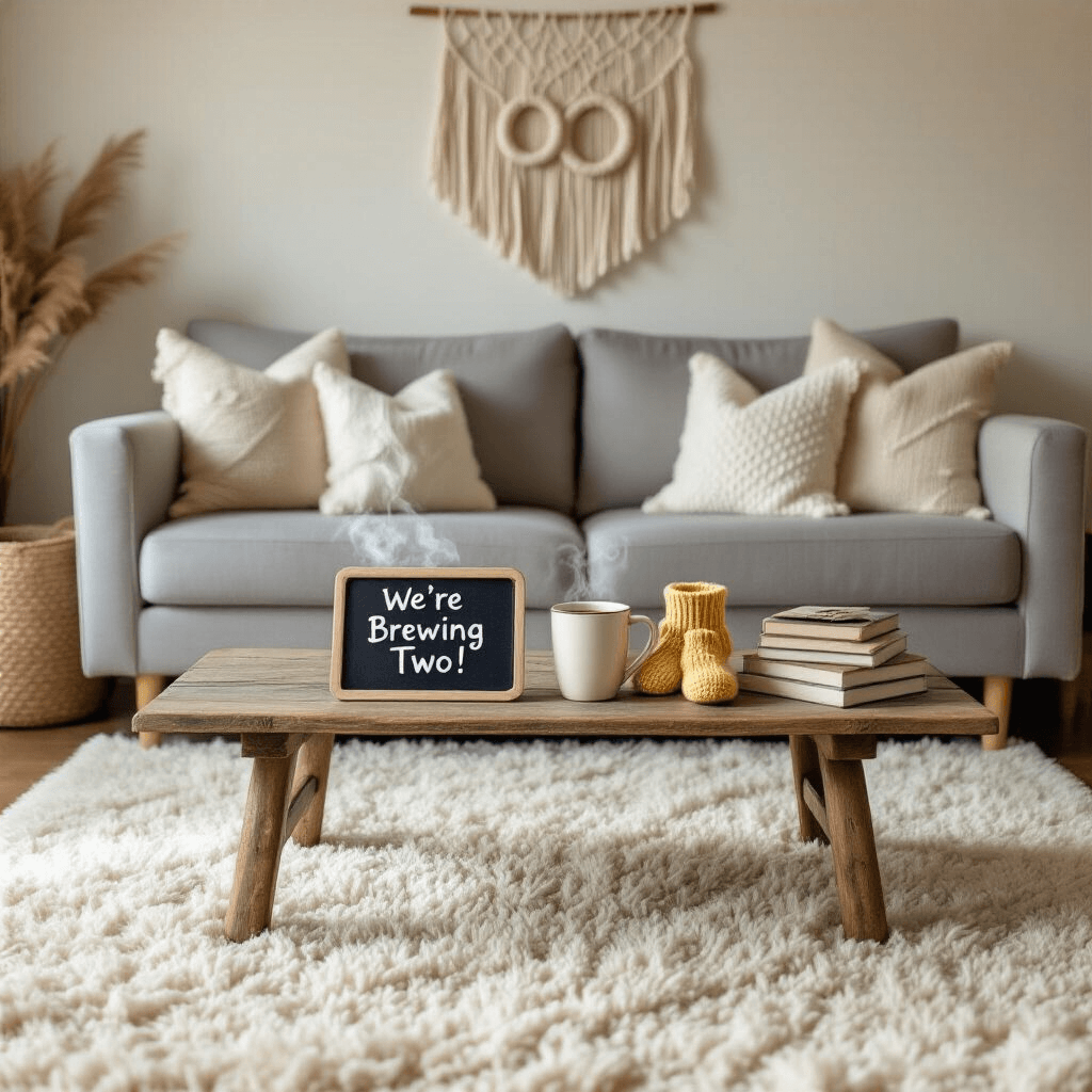 Announcing Twins: The Ultimate Creative Guide A cozy living room scene featuring a cream-colored rug and a reclaimed wood coffee table with two steaming mugs and a slate board reading 'We're Brewing Two!'. A stack of parenting books holds two pale yellow knitted booties. A gray linen sofa with textured throw pillows is in the background, and a macramé wall hanging with intertwined circles symbolizes twins. Soft morning light fills the space.