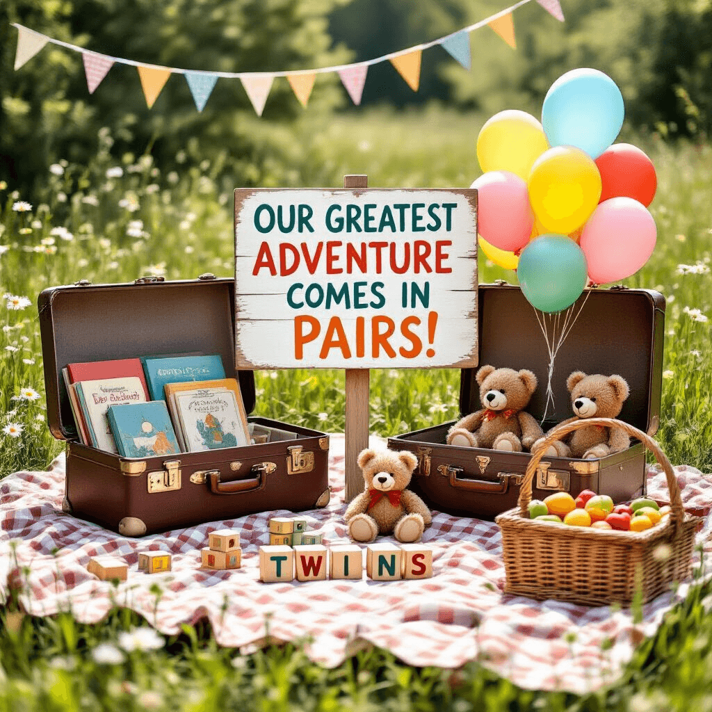 Announcing Twins: The Ultimate Creative Guide A whimsical outdoor picnic setup in a sunlit meadow featuring a gingham blanket, open vintage suitcases with children's books and colorful balloons, a hand-painted sign reading 'Our Greatest Adventure Comes in Pairs!', toy blocks spelling 'TWINS', matching teddy bears, a wicker picnic basket filled with fresh fruit, wildflowers, and fluttering pennant flags.