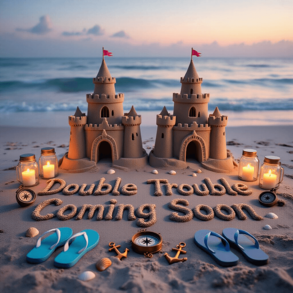 Announcing Twins: The Ultimate Creative Guide A serene beachfront at twilight featuring two ornate sand castles with flags, the phrase 'Double Trouble Coming Soon' written in sand with seashells, soft waves reflecting a sunset, pairs of adult and miniature flip-flops, glowing tealight candles in mason jars, a vintage compass, and two anchor-shaped baby rattles.