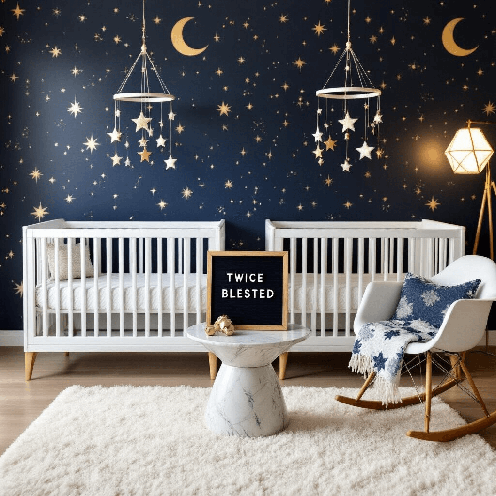 Announcing Twins: The Ultimate Creative Guide A stylish modern nursery featuring two identical white cribs against a constellation wallpaper in navy and gold. Each crib has a custom mobile with stars and moons, and a letterboard saying 'Twice Blessed' on a marble side table with silver rattles. A plush white rug covers the hardwood floor, and a mid-century modern rocking chair holds two swaddle blankets. Soft lighting from a geometric floor lamp creates a warm ambiance.