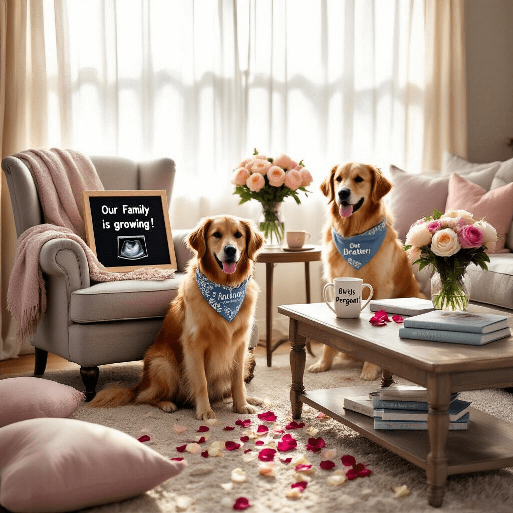 Unforgettable Pregnancy Announcements: 25 Creative Ways to Share Your Exciting News A cozy living room illuminated by soft morning light, featuring a golden retriever with a 'Big Brother' bandana next to a plush armchair. A letterboard reads 'Our Family is Growing!', accompanied by a sonogram image. Rose petals lead to a coffee table with a 'She's Pregnant!' mug, pregnancy books, and fresh peonies, all surrounded by pastel-colored decor.