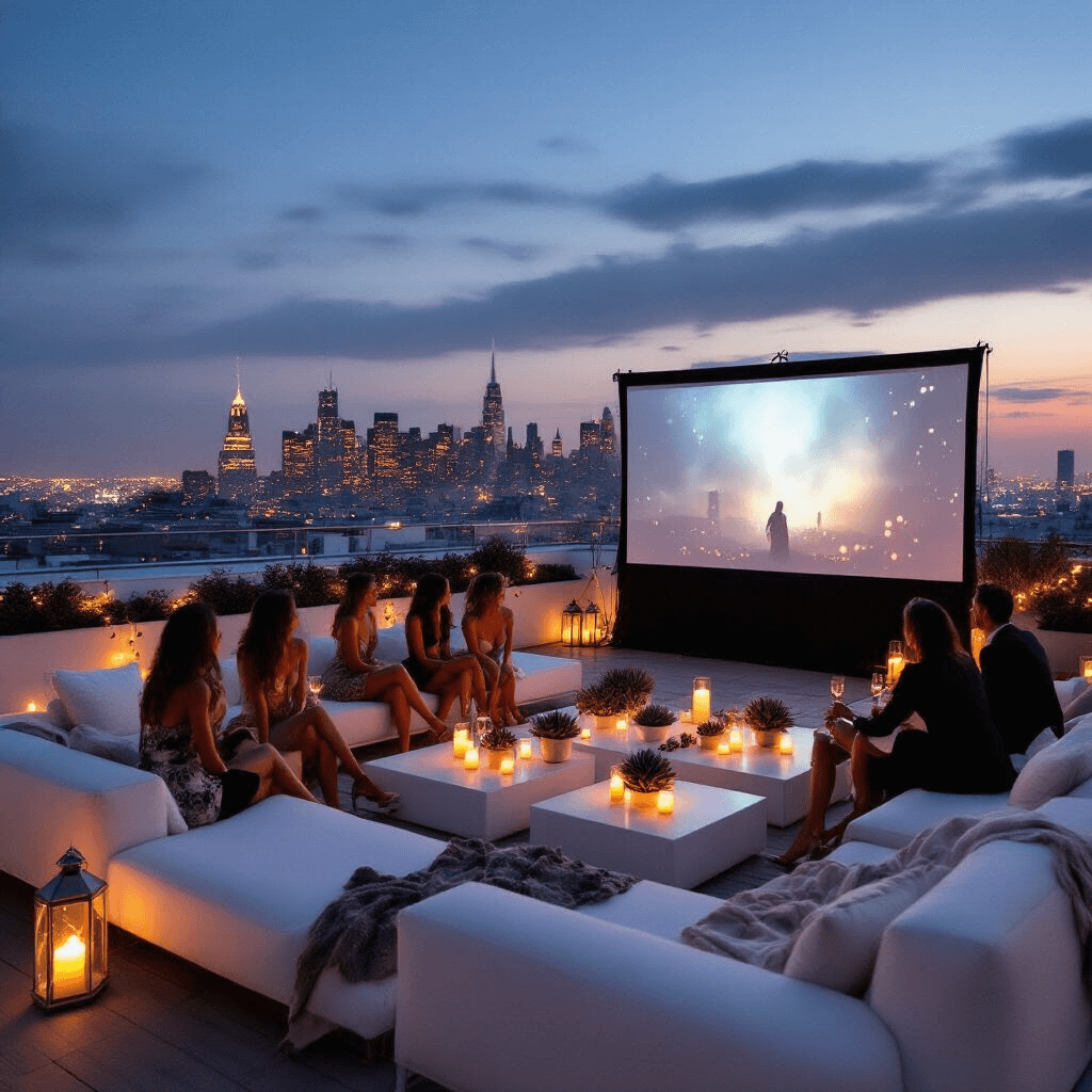 Pregnancy Announcement to Family: Unforgettable Reveal Ideas That Will Melt Hearts A minimalist rooftop terrace features sleek white lounge furniture and low tables with candles, overlooking a twinkling city skyline at dusk. Cozy blankets and pillows are scattered around a large screen set for a mystery movie night, while fairy lights and lanterns illuminate the scene, with stylishly dressed guests chatting excitedly.