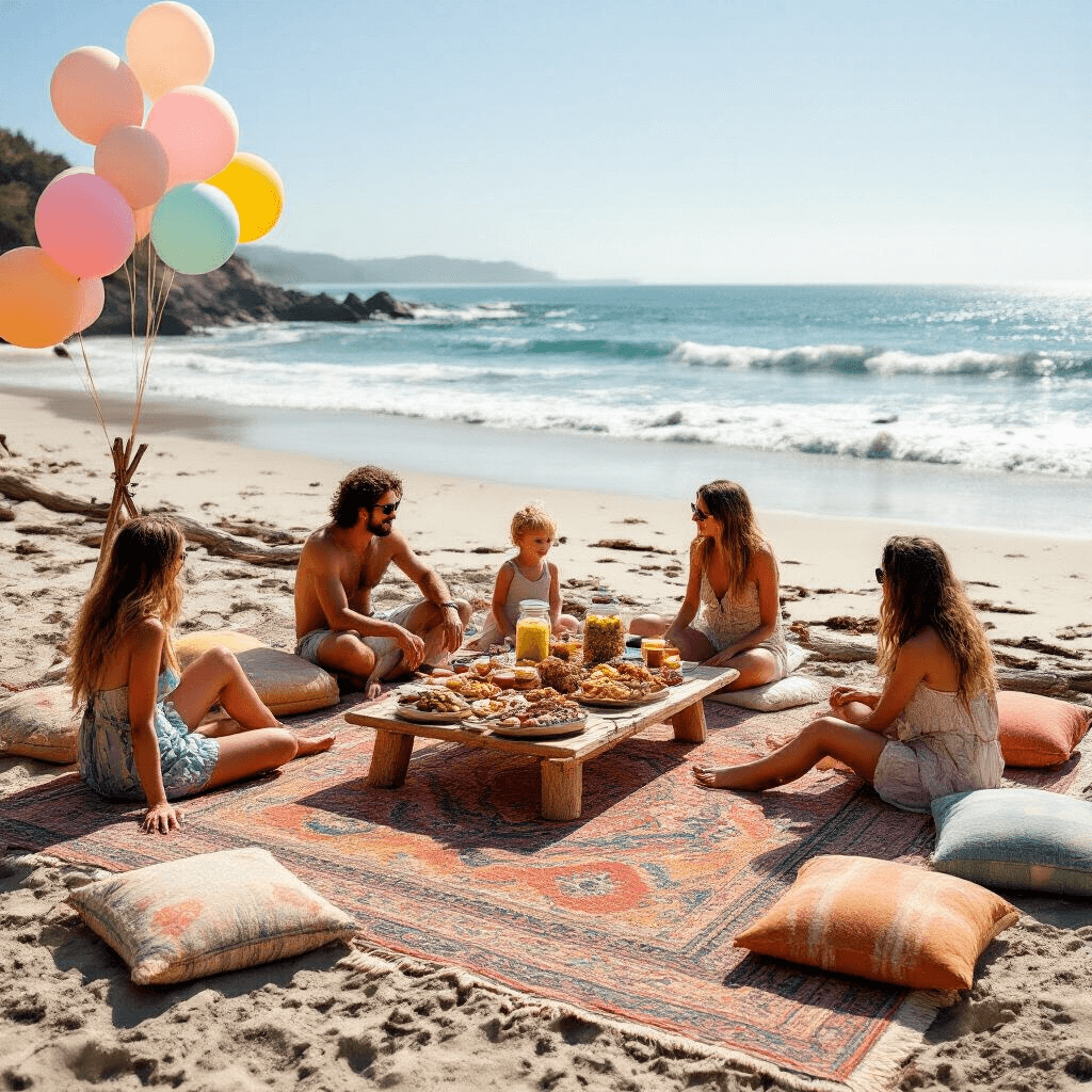 Pregnancy Announcement to Family: Unforgettable Reveal Ideas That Will Melt Hearts A sunny beach picnic setup with a bohemian rug, colorful cushions, a grazing board with gourmet treats, and pastel balloons, as family members relax in casual attire by the water's edge.