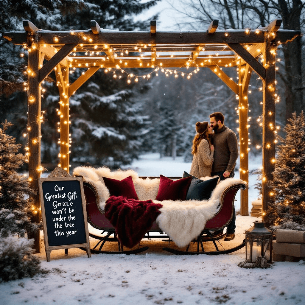 A Magical Christmas Pregnancy Announcement: Your Ultimate Guide to Sharing Joyful News A cozy outdoor winter scene at dusk featuring a rustic pergola adorned with fairy lights, snow gently falling, a vintage sleigh filled with faux fur throws and velvet pillows, and a couple in coordinating sweaters sharing a loving look.