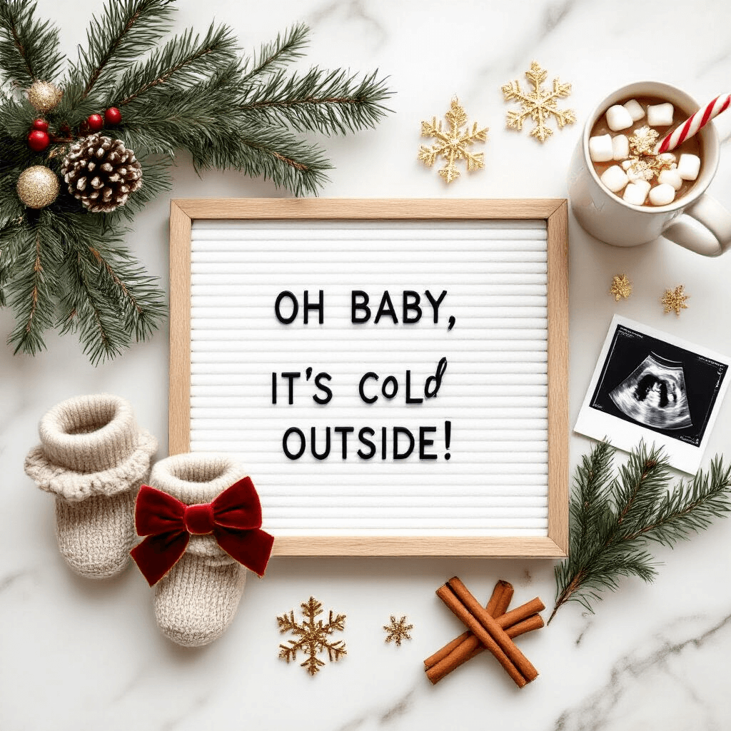 A Magical Christmas Pregnancy Announcement: Your Ultimate Guide to Sharing Joyful News A festive flat lay on a marble countertop, featuring a letter board that reads 'Oh baby, it's cold outside!' surrounded by tiny knitted booties, a sonogram photo with a red velvet bow, fresh pine sprigs, cinnamon sticks, and gold snowflake ornaments. A mug of hot chocolate with marshmallows and a candy cane stirrer is nearby, illuminated by soft overhead lighting.