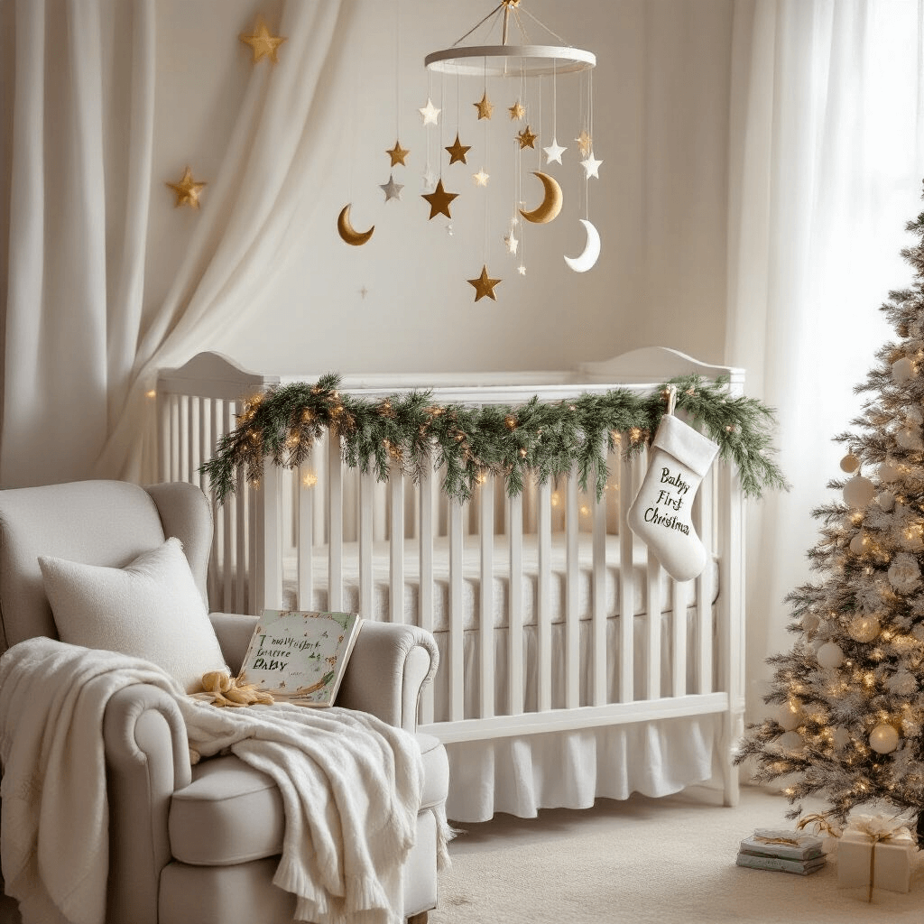 A Magical Christmas Pregnancy Announcement: Your Ultimate Guide to Sharing Joyful News A whimsical nursery with soft lighting features a white crib adorned with a greenery garland and twinkling lights, a mobile of gold stars and moons above, and a personalized stocking. An overstuffed armchair with a folded quilt and a children’s book, alongside a small pastel-decorated Christmas tree, completes the dreamy scene.