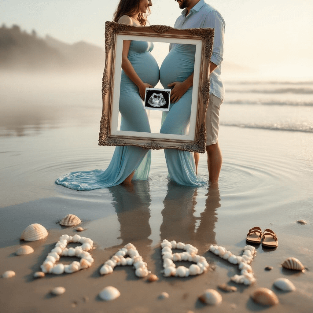 Beach Pregnancy Announcements: A Dreamy Way to Share Your Joyful News A couple stands in shallow water at a misty beach, the woman in a pale blue dress showcasing her pregnancy as her partner cradles her baby bump from behind. They hold an ornate frame displaying a sonogram, with seashells spelling 'Baby' and tiny sandals on the sand, all against a soft pastel backdrop.