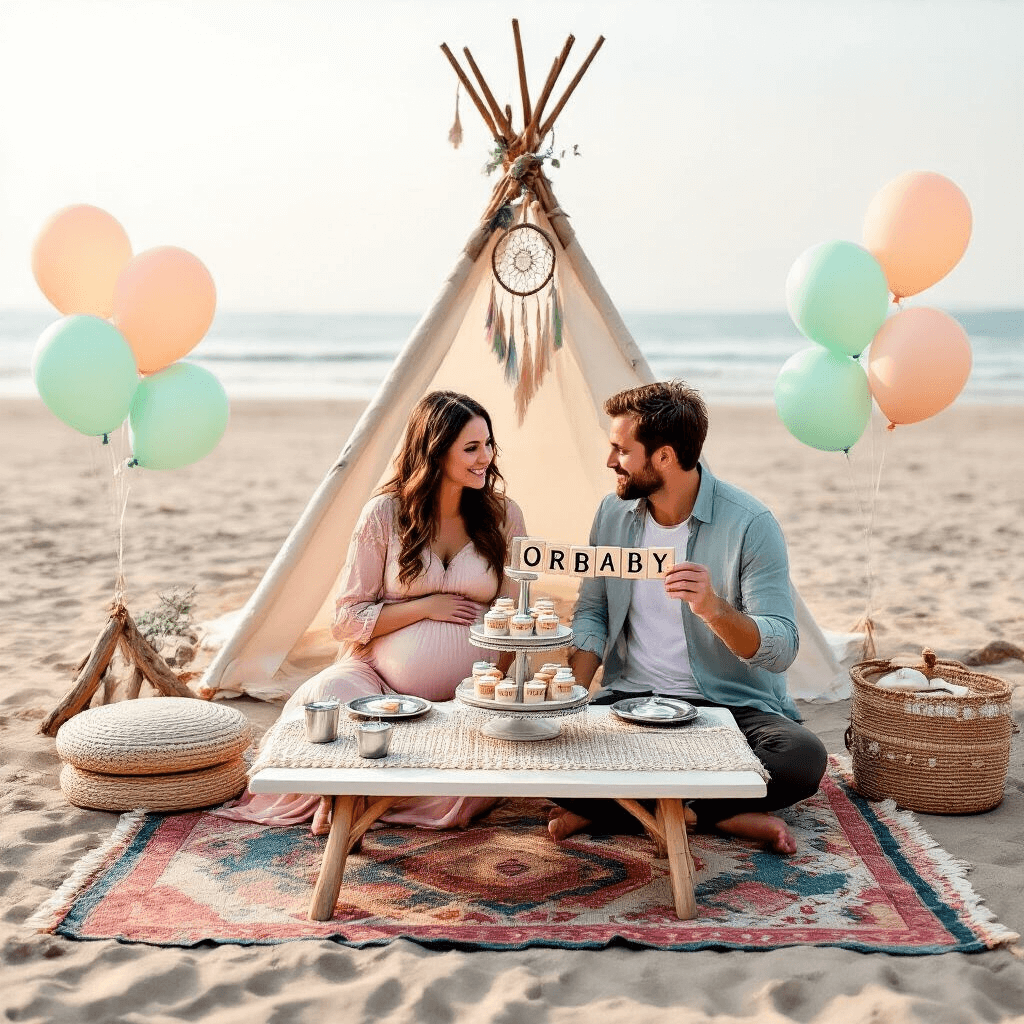 Beach Pregnancy Announcements: A Dreamy Way to Share Your Joyful News A whimsical beach picnic setup for a pregnancy announcement features a low table with a macramé runner on a colorful Moroccan rug. Place settings for three include miniature silver plates and utensils, with a cupcake stand spelling 'Oh Baby'. Balloons in peach and mint green are tied to driftwood, and expectant parents sit cross-legged, holding scrabble letters that spell 'Pregnant', while a cozy tepee-style tent with dreamcatchers and fairy lights is in the background.