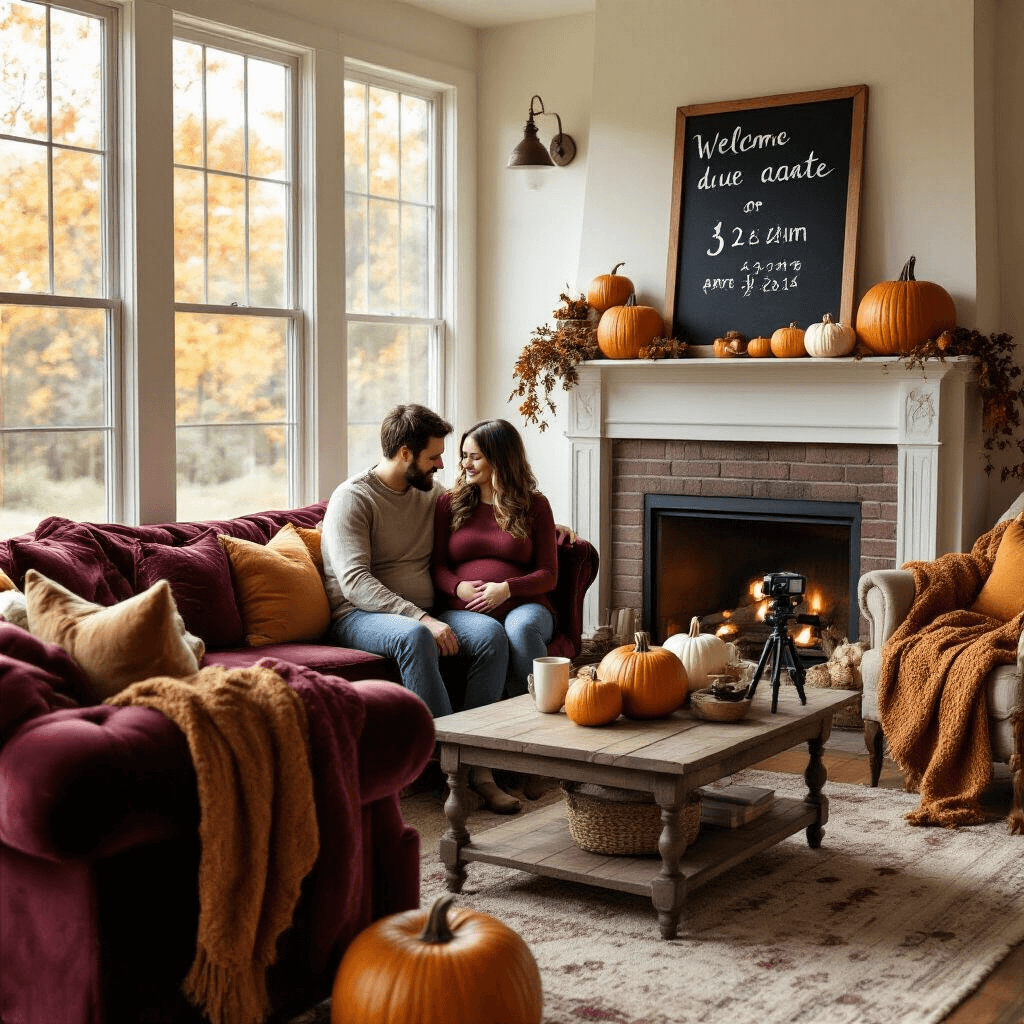 Fall Pregnancy Announcements: Capturing Your Autumn Baby Reveal Magic A cozy living room with large windows letting in soft afternoon light, featuring a pregnant couple on a plush velvet sofa surrounded by autumn decor, pumpkins on the mantel, a chalkboard sign with the due date, knit blankets on armchairs, and steaming mugs of cider on a rustic coffee table.