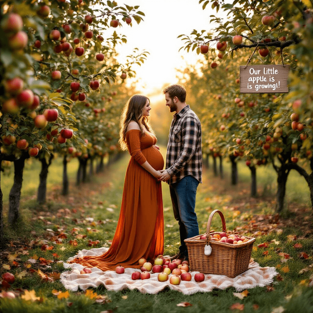 Fall Pregnancy Announcements: Capturing Your Autumn Baby Reveal Magic A couple stands in a vibrant apple orchard at golden hour, holding hands and gazing at each other. The expectant mother, in a burnt orange maxi dress, and her partner in a cozy flannel shirt, are surrounded by trees laden with ripe apples. A picnic basket overflowing with apples and tiny baby booties rests at their feet, while colorful fallen leaves create a natural carpet. A wooden sign from a nearby branch reads 'Our little apple is growing!'