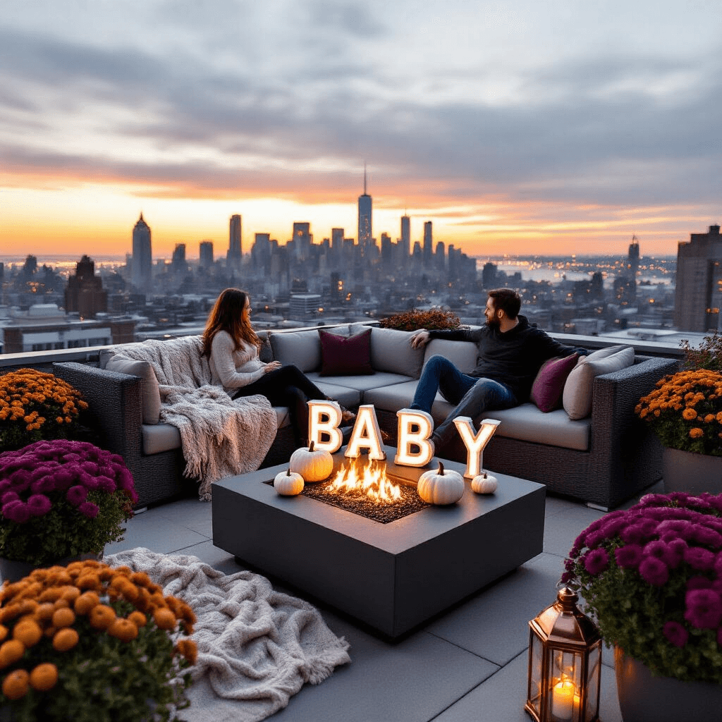 Fall Pregnancy Announcements: Capturing Your Autumn Baby Reveal Magic A cozy rooftop terrace features a stylish couple relaxing under a chunky knit blanket, surrounded by fall colors. A fire pit table displays mini pumpkins spelling 'BABY' and a larger pumpkin with the due date. The scene is illuminated by copper lanterns and potted mums, with city skyline lights twinkling in the background during twilight.