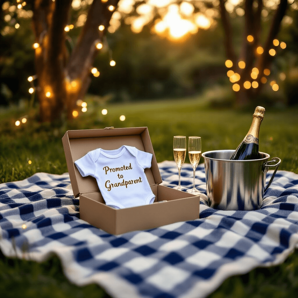 Grandparent Pregnancy Announcements: Creative Ways to Share Your Exciting News An intimate backyard picnic scene at golden hour, featuring a navy and white striped blanket on lush grass, surrounded by twinkling fairy lights. An open gift box displays a tiny white onesie with 'Promoted to Grandparent' in gold script, alongside a chilling bottle of champagne in an ice bucket and two awaiting flutes, all under a warm, glowing sky.