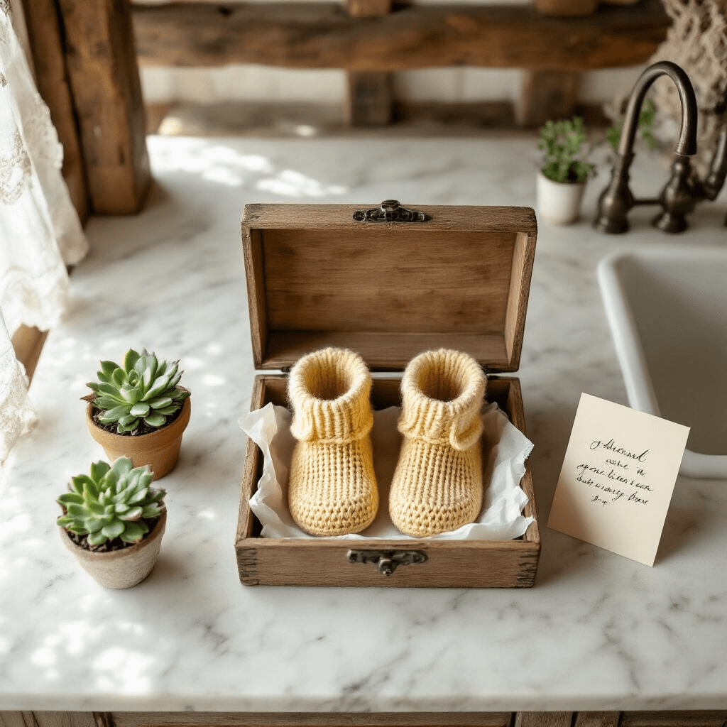 Grandparent Pregnancy Announcements: Creative Ways to Share Your Exciting News A top-down view of a rustic kitchen with exposed wooden beams, featuring a marble countertop. A vintage wooden box is open, displaying hand-knitted pale yellow booties in tissue paper, alongside a handwritten note and a small potted succulent. Soft morning light streams through lace curtains, enhancing the dreamy atmosphere.