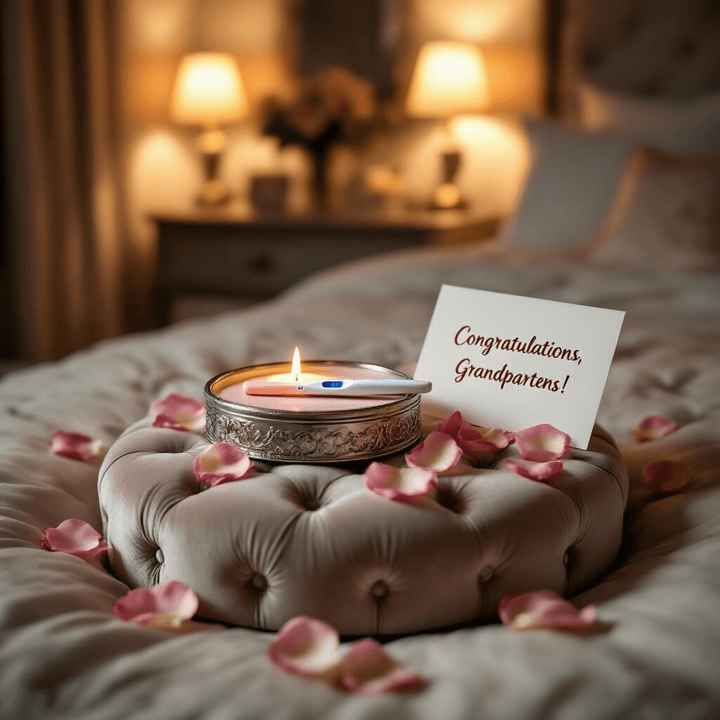 Grandparent Pregnancy Announcements: Creative Ways to Share Your Exciting News Candlelit cozy bedroom featuring a tufted velvet ottoman with an ornate silver box, slightly open to reveal a positive pregnancy test on satin, surrounded by rose petals and a 'Congratulations, Grandparents!' card, with warm light creating an intimate atmosphere.