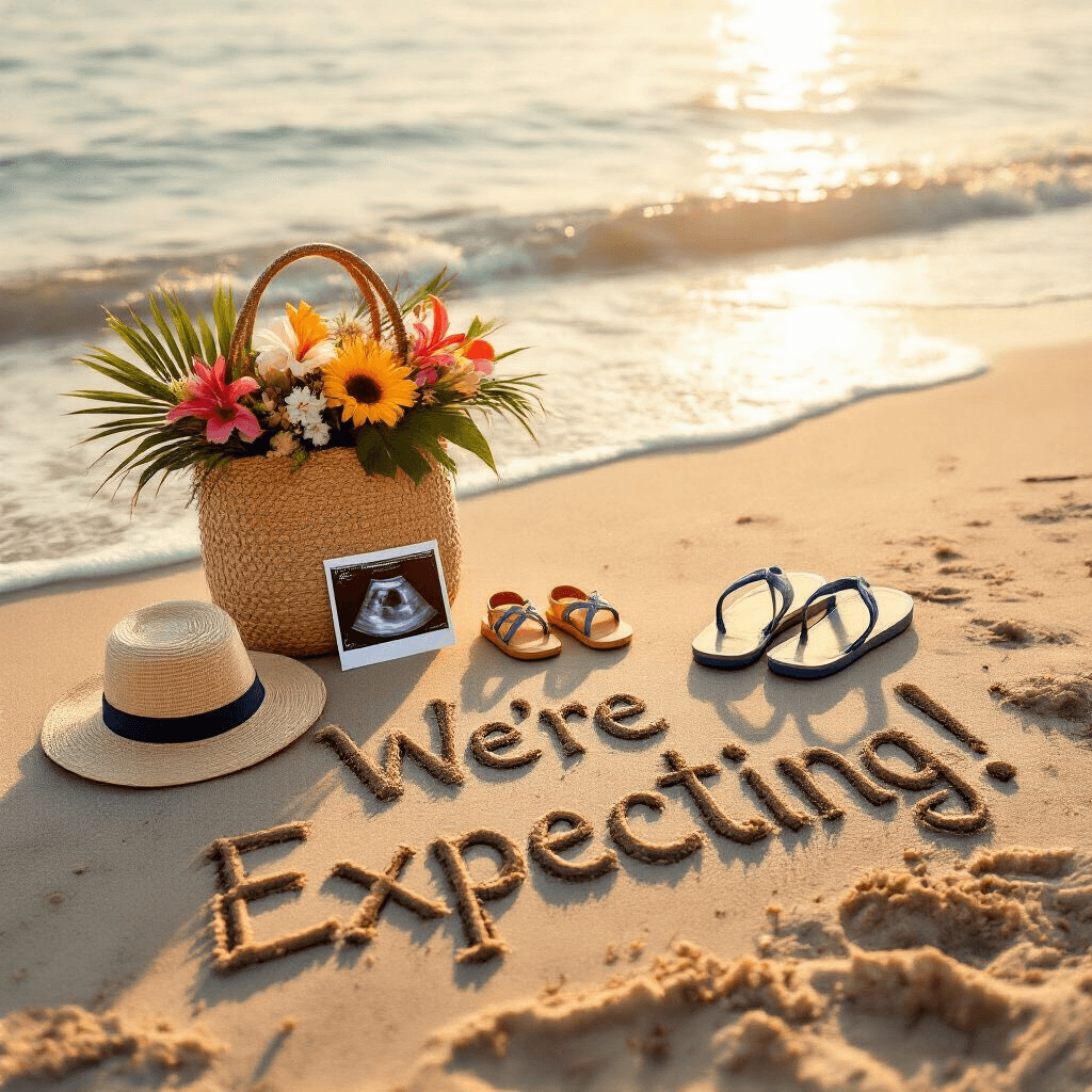 Pregnancy Announcement Ideas: Creative Ways to Share Your Exciting News A serene beachfront at golden hour featuring the text 'We're Expecting!' written in sand, accompanied by adult flip-flops and tiny baby sandals, a woven beach bag with a sun hat, ultrasound photos, and tropical flowers, all bathed in warm golden light.