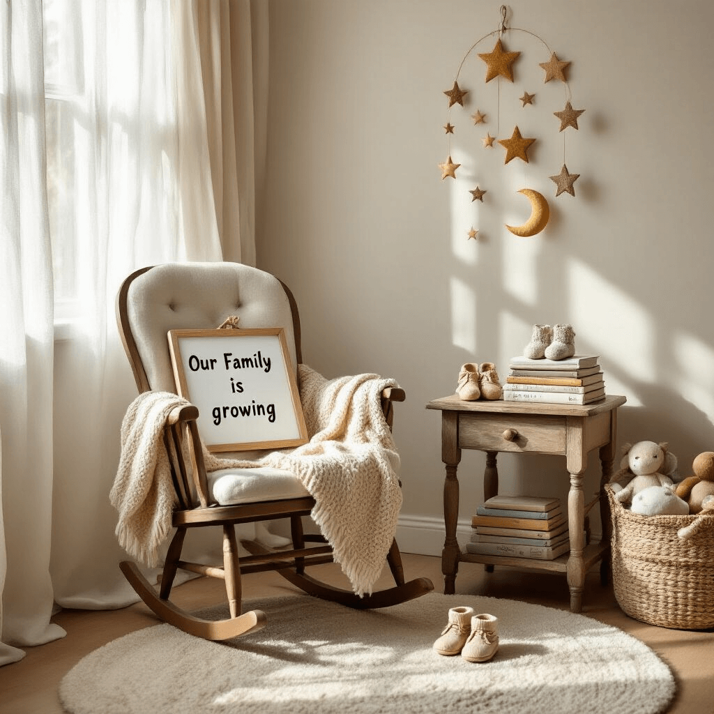 Pregnancy Announcement Ideas: Creative Ways to Share Your Exciting News A cozy nursery corner with soft morning light, featuring a vintage rocking chair with a letterboard reading 'Our Family is Growing', a warm knit blanket, a rustic side table with classic children's books and tiny knitted booties, a whimsical star and moon mobile above, a plush rug, and a woven basket of stuffed animals.