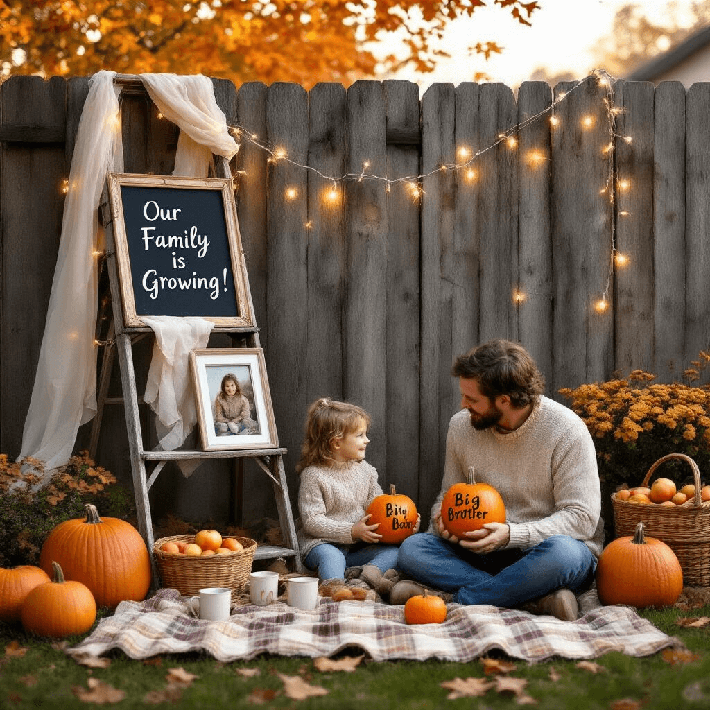 Capturing the Magic: Creative Second Pregnancy Announcements That Celebrate Your Growing Family A cozy autumnal backyard scene featuring a family of three sitting on a patchwork picnic blanket, surrounded by copper-toned leaves and pumpkins. A weathered wooden fence adorned with fairy lights and sheer ivory fabric serves as the backdrop. A vintage ladder displays family photos and a chalkboard reading 'Our Family is Growing!'. The child in a knit sweater holds a small pumpkin painted 'Big Brother', with steaming mugs of cider and a basket of apples nearby.