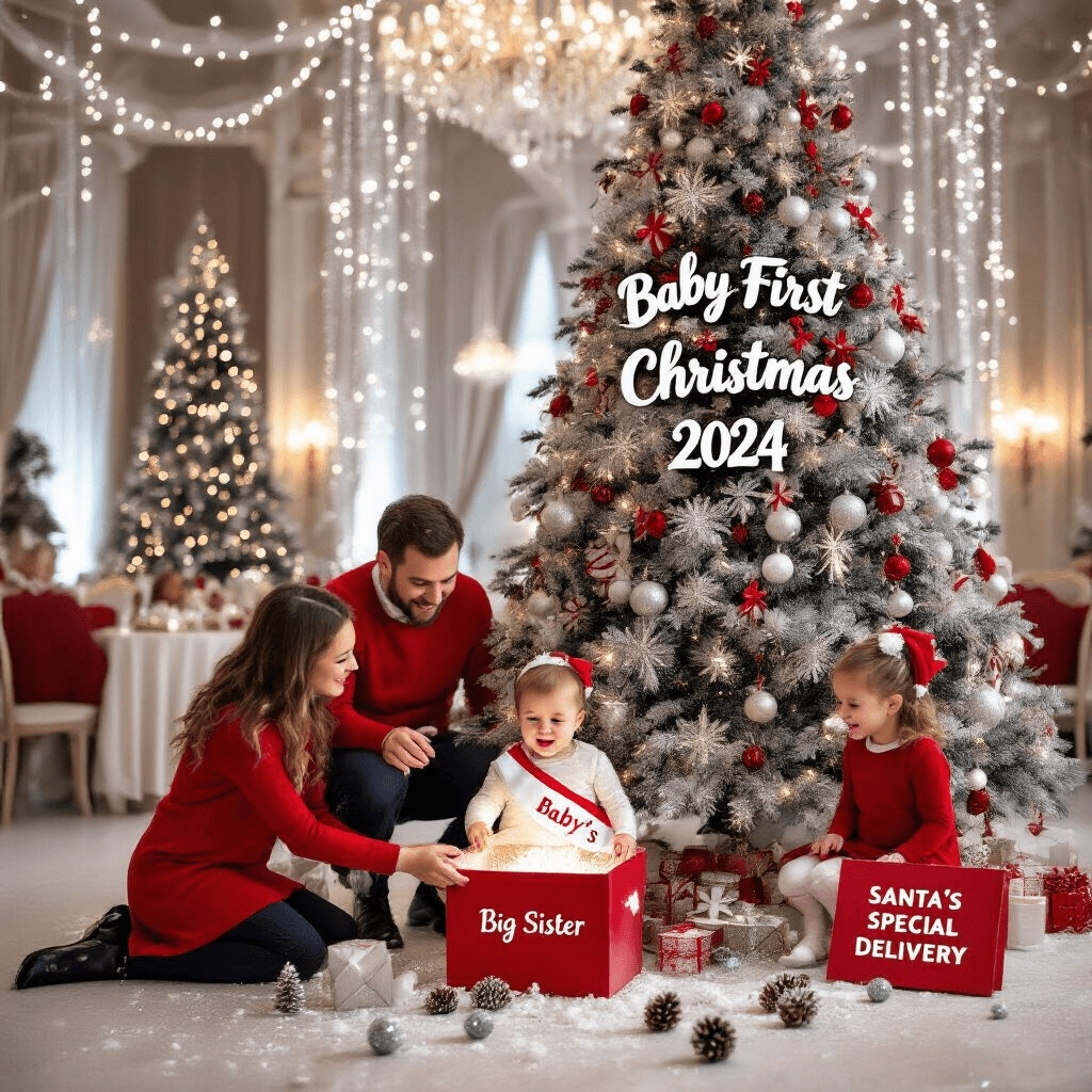 Capturing the Magic: Creative Second Pregnancy Announcements That Celebrate Your Growing Family A joyful family poses in a whimsical winter wonderland ballroom, adorned with twinkling fairy lights and shimmering silver decorations. They wear coordinating red and white outfits near a grand Christmas tree, featuring personalized ornaments and 'Baby's First Christmas 2024.' The firstborn child excitedly opens a gift box revealing a 'Big Sister' sash, captured from a low angle to emphasize the child's joy and the towering tree, with details of scattered fake snow and glittering pinecones, and a 'Santa's Special Delivery' sign.