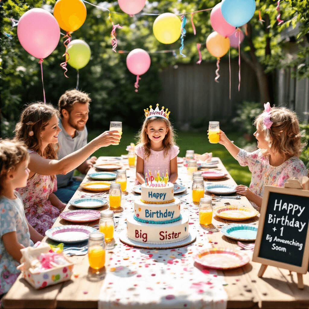 Capturing the Magic: Creative Second Pregnancy Announcements That Celebrate Your Growing Family A vibrant backyard birthday party scene featuring colorful balloons, a long picnic table set with vintage plates and mason jar glasses, and a birthday child wearing a crown. A two-tiered cake with 'Happy Birthday' and 'Big Sister Coming Soon' is displayed. The overhead shot captures confetti, party favors, and a chalkboard easel announcing the celebration, while family members toast with lemonade, showcasing their joyful expressions.